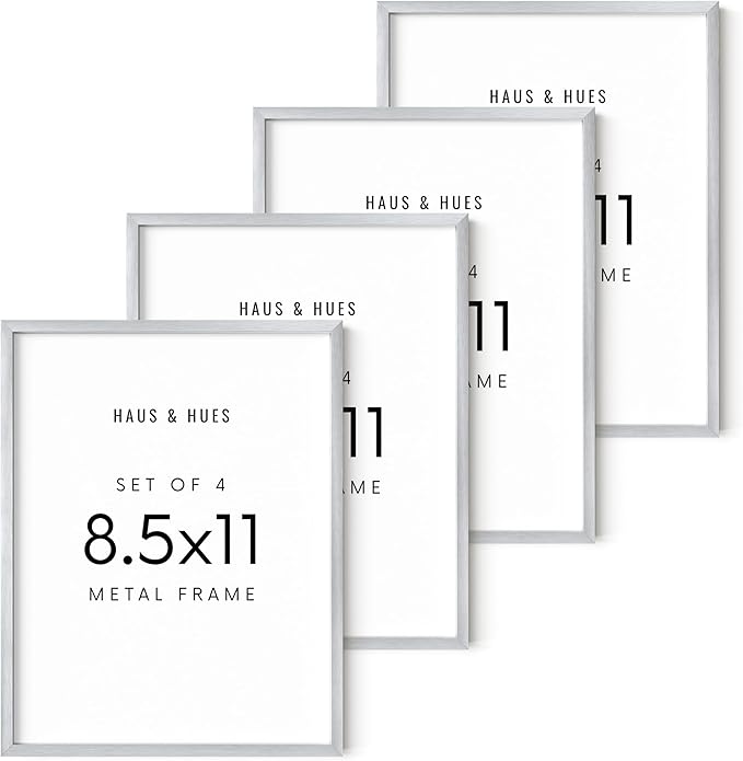 HAUS AND HUES 8.5x11 Silver Metal Picture Frames - Features Premium Aluminum, Vertical & Horizontal Hang, Shatterproof Plexiglass - Perfect for Home, Room, Office (8.5x11 in, Silver, Set of 4)
