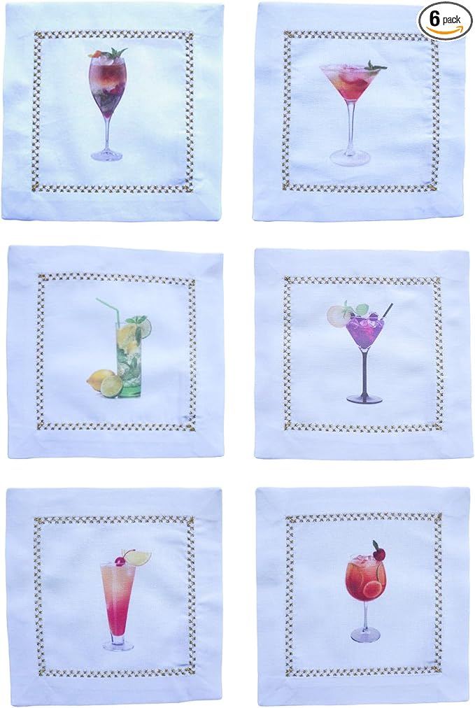 Cocktail Napkins Set of 6, 6x6 inch, 100% Pure Cotton, Unique Printed Patterns, Reusable & Washable Napkin Coasters for Beverages, Parties & Everyday Use (Tropical Fruit Cocktail)