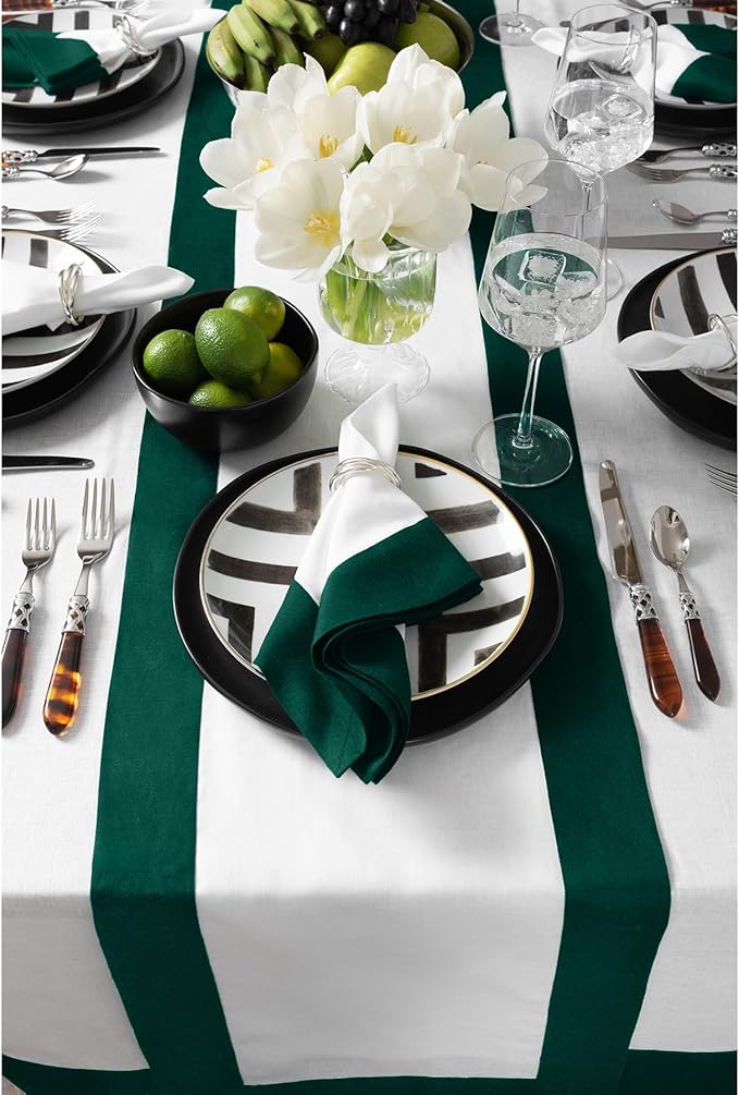 Solino Home Linen Table Runner 48 Inches - 100% Pure Linen Rainforest and White Small Table Runner 14 x 48 Inch Ideal for Dresser and Coffee Tables - Contempo - Winter, St Patricks Day