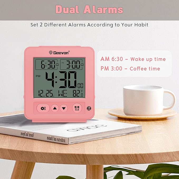 Geevon Smart Night Light Small Digital Alarm Clock with 2 Increasing Beep Alarm, Indoor Temperature, Battery Operated Travel Clock for Bedroom, Bedside, Desk(Pink)