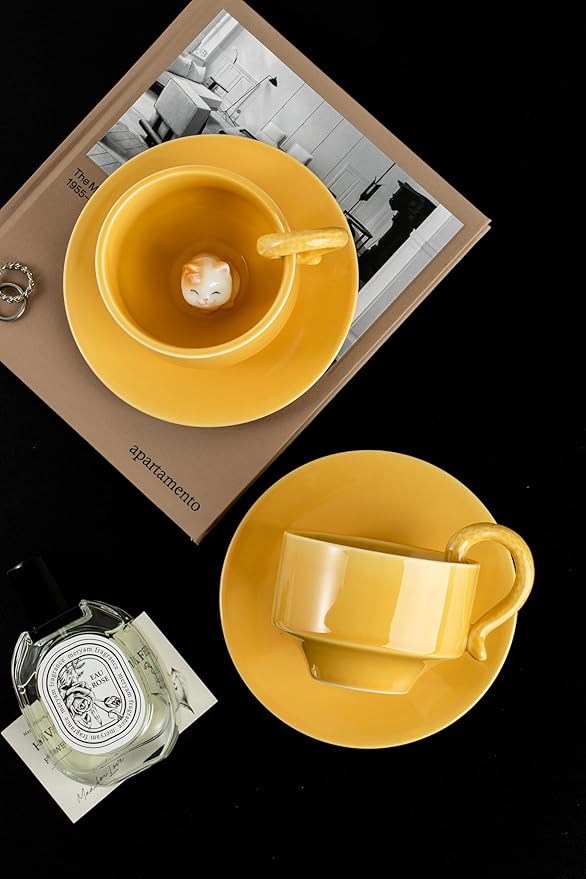DIHOclub Ceramic Coffee Mug With Saucer 3D Cat Sculpture With Tail Handle - Elegant Office & Gift-Ready Tea Cup for Pet Lovers, Birthday, Christmas (Yellow Cat)