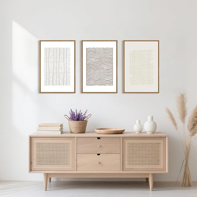 Large Abstract White and Beige Framed Canvas Wall Art,Geometric Dot and Line Wall Decor,Modern Wave Lines Artwork,Neutral Minimalist Shapes Art Print for Living Room,Bedroom,Office- 16"x24"x3