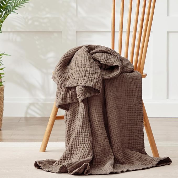 100% Cotton Muslin Blanket Large 50"x 70", Breathable and Lightweight Cotton Throw Blanket for Bed and Couch, Soft Cooling Summer Gauze Blanket for Adults All Season, Linen Brown