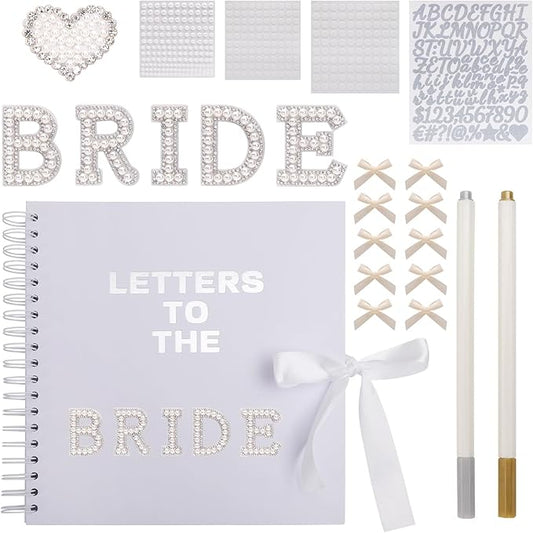 BINBE 10 x 10 Inch Letters to The Bride Scrapbook Kit DIY Blank Paper Scrapbook Photo Album Wedding Memory Book Bridal Guest Book Sign with Pearl Stickers, Letter Patches, Bows White