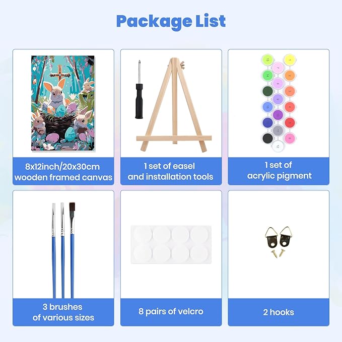 MXJSUA Easter Framed Paint by Numbers for Adults Beginners, Easy Adults' Paint-by-Number Kits on Canvas with Easel, Bunnies Acrylic Number Painting Crafts Kit Gifts for Home Decor, 8x12inch