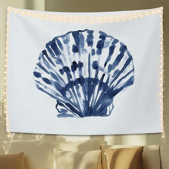 STHTTSW Coastal Tapestry, Coastal Room Decor Tapestries Wall Blanket, Blue Beachy Scallop Shell Seashell Wall Hanging Decor for Dorm Bedroom 50x60 Inch