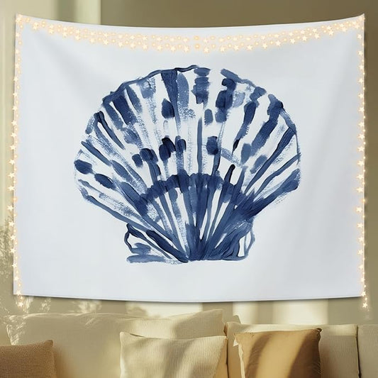 STHTTSW Coastal Tapestry, Coastal Room Decor Tapestries Wall Blanket, Blue Beachy Scallop Shell Seashell Wall Hanging Decor for Dorm Bedroom 50x60 Inch