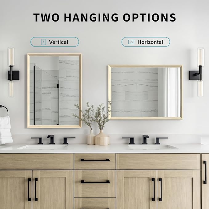 Oak Wood Effect Framed Wall Mirror, 32x40 Rectangle Mirror, Anti-desilvering Tempered Glass, Sustainable& Sturdy Frame, Anti-Rust, HD Reflection &3min Fast Setup for Bathroom Living Room