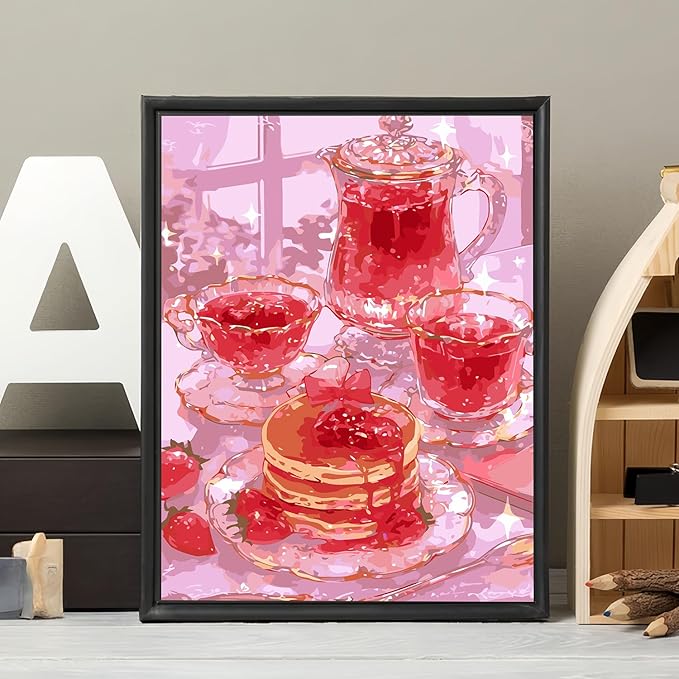 Mosaflare Paint by Numbers for Adults Beginner, Pink Cake Tea Adult Paint by Number Kits on Canvas, DIY Acrylic Oil Easy Painting by Numbers for Home Wall Decor 12X16 inch (Without Frame)