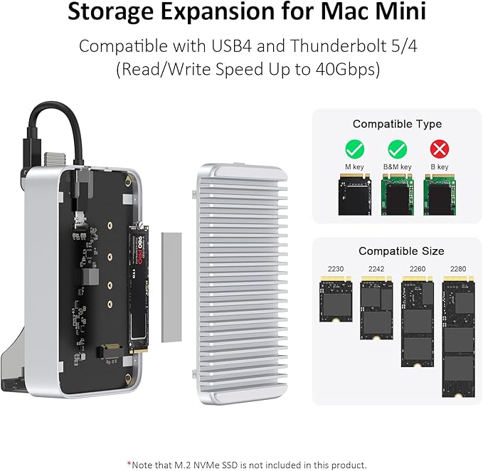 Vertical Station Mac mini M4 M.2 NVMe USB4 SSD Enclosure 40Gbps USB-C Hub Aluminum Fins Dual Host USB-C Ports SD/TF 4.0 USB