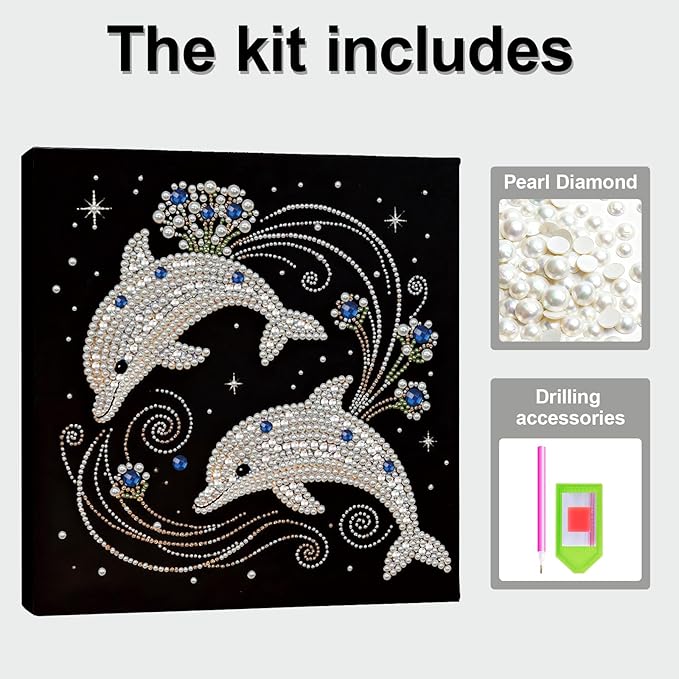 DIY Pearl Painting Kit with Wooden Frame, 3D Plastic Pearl Gemstone Ocean Art Craft for Adults Beginners, Diamond Art Kits for Adults, Home Wall Decor Ready Gift for Women(Dolphins)(30 * 30cm)