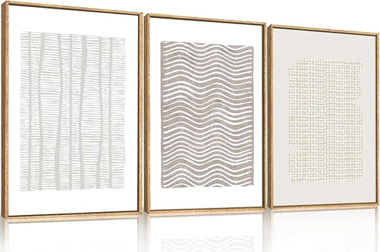 Large Abstract White and Beige Framed Canvas Wall Art,Geometric Dot and Line Wall Decor,Modern Wave Lines Artwork,Neutral Minimalist Shapes Art Print for Living Room,Bedroom,Office- 24"x36"x3