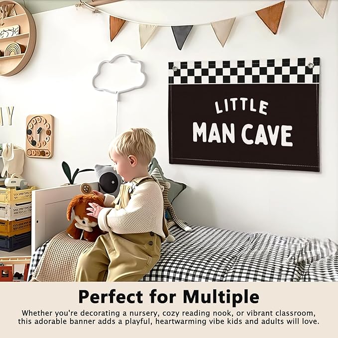 Little Man Cave Black and White Checkered Boys Room Decor - Linen Banner Wall Hanging Canvas Banner Flag Decor for Nursery Toddler Boys Bedroom Playroom
