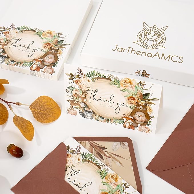 JarThenaAMCS 50 Pack Fall Woodland Thank You Cards Boxed Forest Animal Floral Pumpkin Greeting Cards with Envelopes Stickers Autumn Blank Note Card for Birthday Baby Shower, 4 x 6 Inch