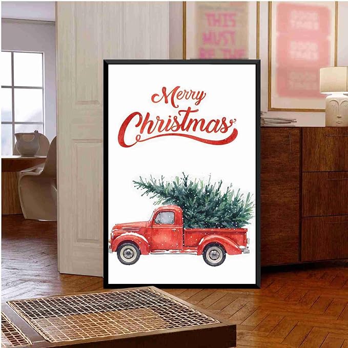 Framed Canvas Wall Art Christmas Truck Print Red Vintage Pickup Truck Christmas Tree Home Decor Holiday Wall Art Watercolor Painting 24x36in Metal blackFramed