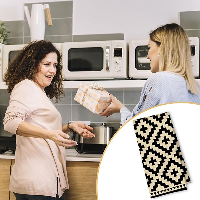 Neutral Abstract Kitchen Towels, Beige and Black Minimalist Dish Tea Towels for Kitchen Decor, Black and Cream Retro Mid Century Modern Decorative Hand Towel for Bathroom, 16x24 Inches