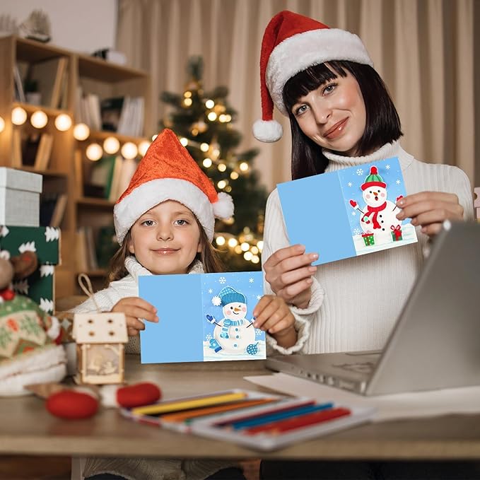 24 Sets Christmas Winter Card Making Craft Kit for Kids with Envelopes DIY 3D Snowman Cards Crafts Make Your Own Greeting Card Making Supplies for Holiday Xmas Party Home Classroom Decor Activities