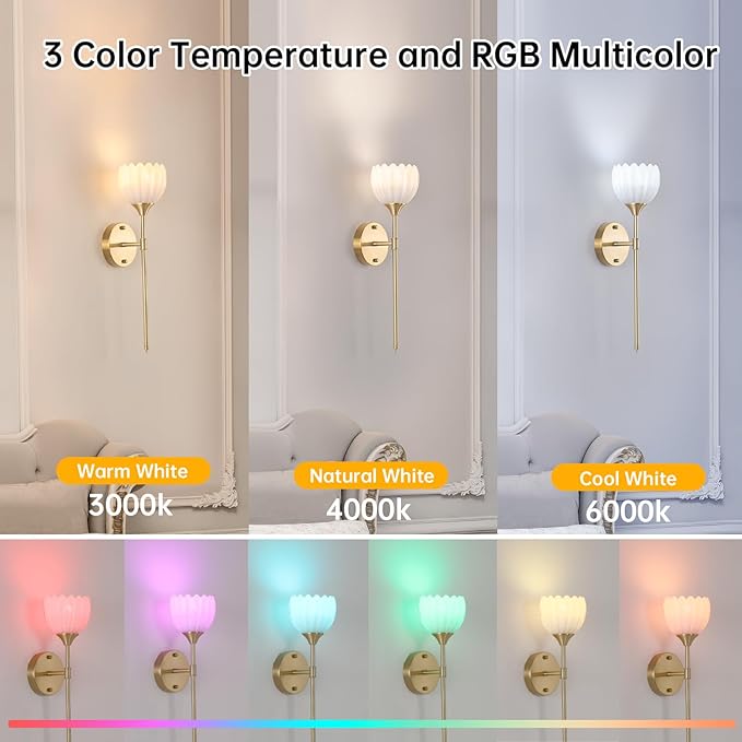Battery Operated Wall Sconce Set of 2, White Tulip Vintage Wall Light Fixture Rechargeable 5000mAh Battery Powered Wall Lamp with Remote for Living Room Bathroom