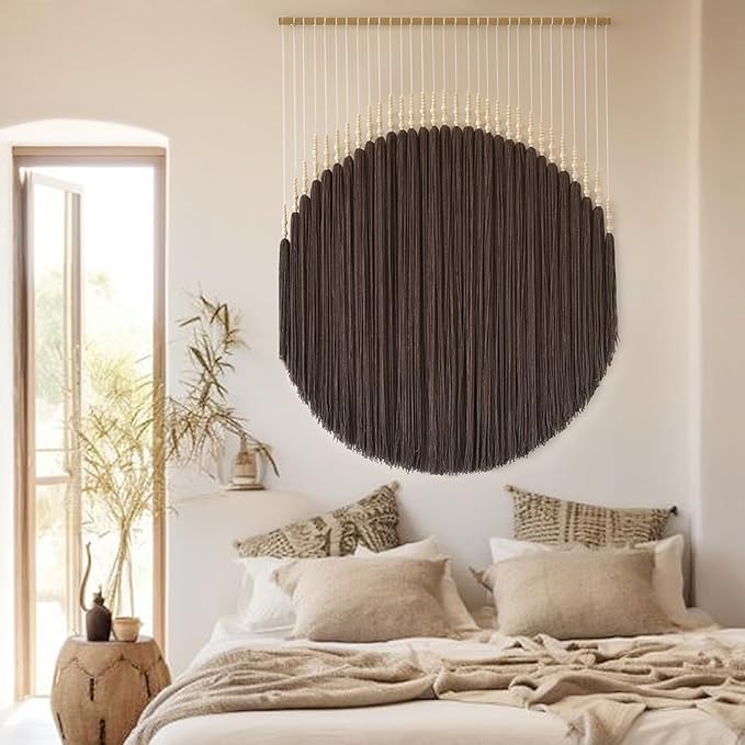 IOWER Macrame Wall Hanging Brown Yarn Wall Art Beaded Boho Wall Decor Round Tassel Handmade Home Wall Aesthetic Living Rooms Bedrooms Offices Home Decor 39" W x 55" L