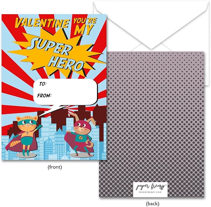 Paper Frenzy Super Hero Themed Valentine Cards WITH ENVELOPES - 25 Pack