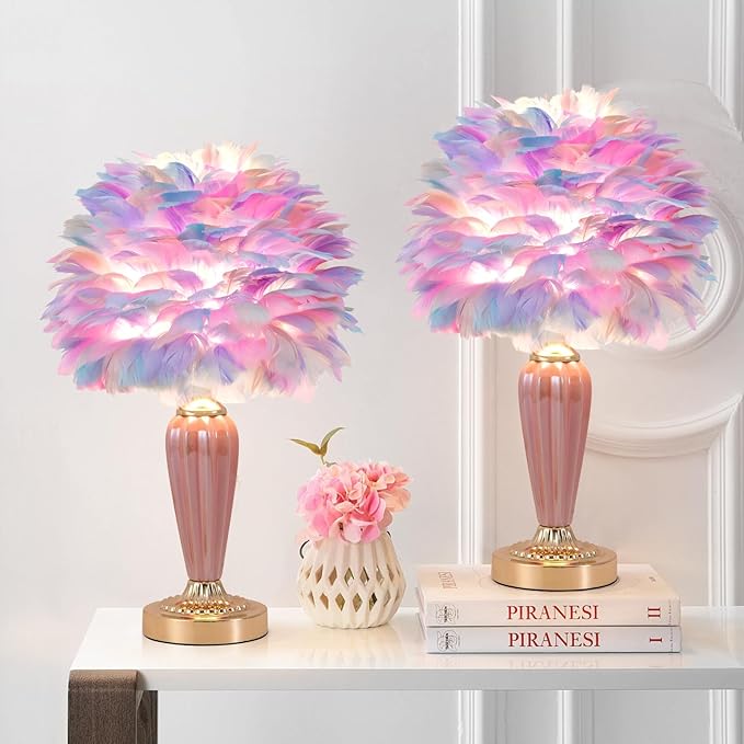 Colorful Feather Lamp Fluffy Table Lamp Furry Bedside Lamp Romantic Princess Lights Goose Feather Night Light for Bedroom Wedding Decor Valentines Dating Livingroom Hotel Office