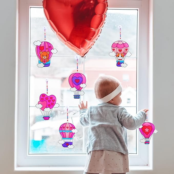 Winlyn 24 Sets Heart Hot Air Balloon Suncatchers Ornaments Decorations DIY Window Paint Art Craft Kits Sun Catcher Painting Kit for Kids Valentine's Day Classroom Activities Party Favors Gift Exchange
