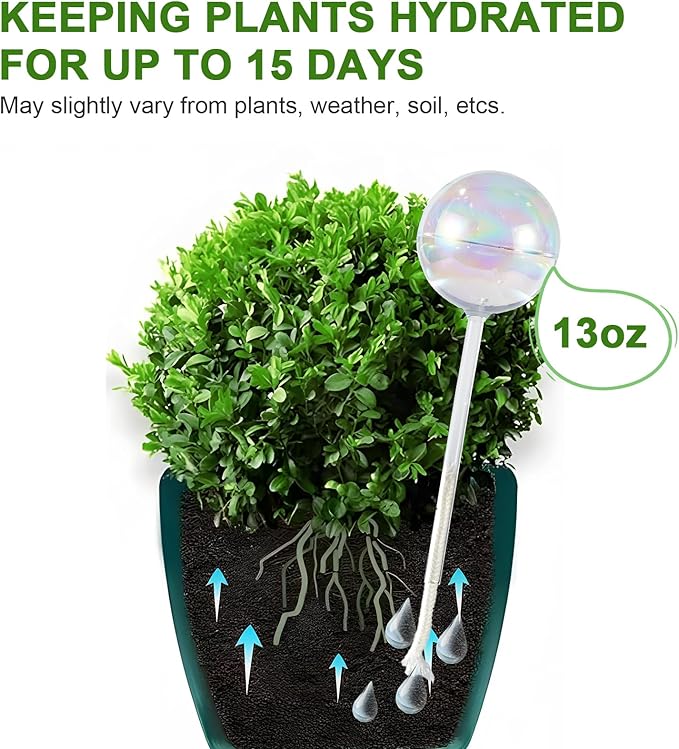 4PCS Extra Large Plant Watering Globes 13 oz Up to 2 Weeks, Light Iridescent Glass Self Water Bulbs for Indoor Outdoor Plants, Vacation Automatic Planter Waterer System Self-Watering Stakes