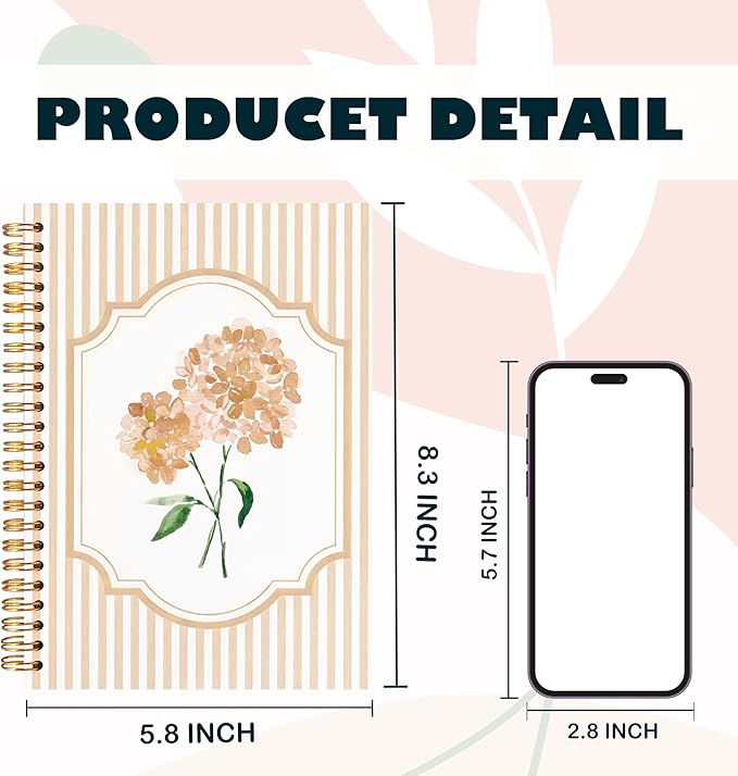 Coquette Preppy Hydrangea Notebooks, Brown and White Stripes Girly Floral Journal, Aesthetic Hydrangea Flower Spiral Notebook Journal for Note Taking, Girly Office Supplies, 5.5x8.3 Inch