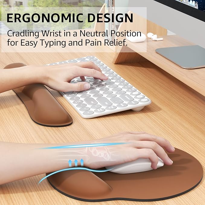 KTRIO Ergonomic Keyboard Wrist Rest, Memory Foam Mouse Pad with Wrist Rest for Computer Keyboard, Mouse Pad Set for Easy Typing & Pain Relief for Office & Home, Coffee Brown