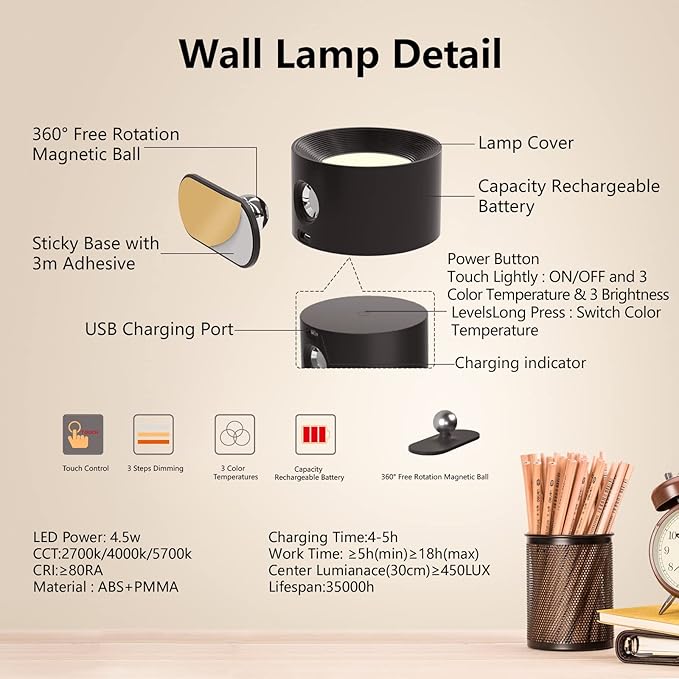 LED Wall Sconce, Wall Mounted Lamp with Rechargeable Battery Operated USB Port 3 Color Temperature & 3 Brightness Level 360°Rotate Magnetic Ball, Cordless Light for Reading Study Bedside