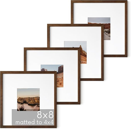 HAUS AND HUES Walnut Square Frames 8" x 8" Matted to 4" x 4" - 8"x8" Square Gallery Wall Frame Set Ideal for Home, Office (8x8 in, Walnut, Set of 4)