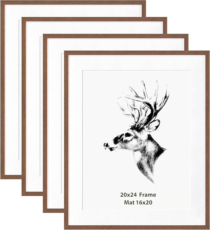 Yaetm 20x24 Picture Frame Matted to 16x20, Walnut Brown, Solid Wood 20x24 Frame for Gallery Wall, Photos, Posters & Art Prints, Horizontal and Vertical Wall Mount (4 pack, Walnut)