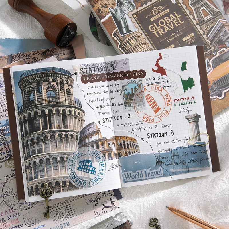 Prstincol Vintage Aesthetic Washi Stickers and Papers for Scrapbooking, 50 Sheets Ephemera Book for Art Journaling with Retro Global Travel Theme Stickers and Decoupage Papers for Junk Journal - Image 2