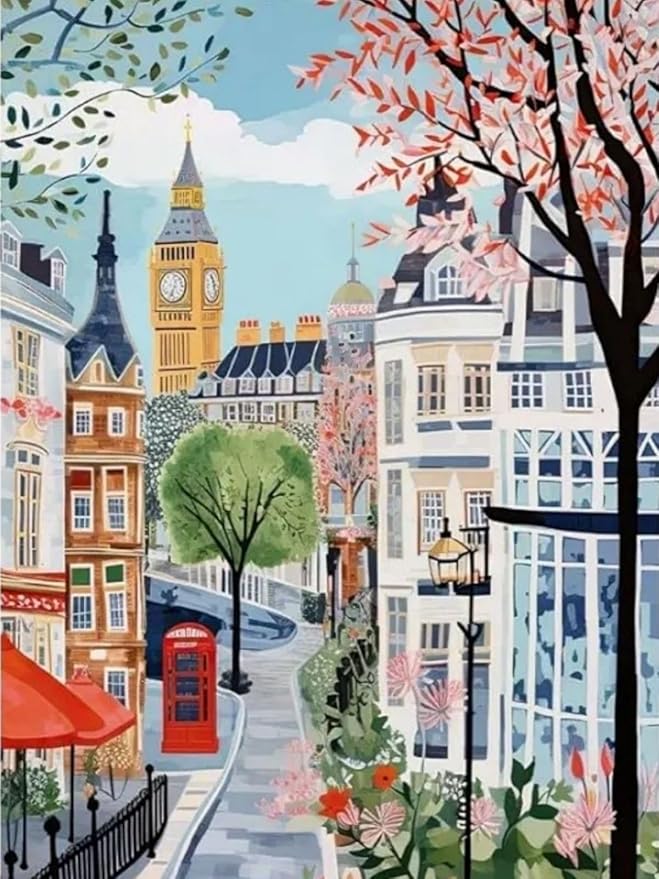 Mosaflare Paint by Numbers for Adults Beginner, London Adult Paint by Number Kits on Canvas, DIY Travel Scenery Acrylic Oil Easy Painting by Numbers for Home Wall Decor 12X16 inch (Without Frame)
