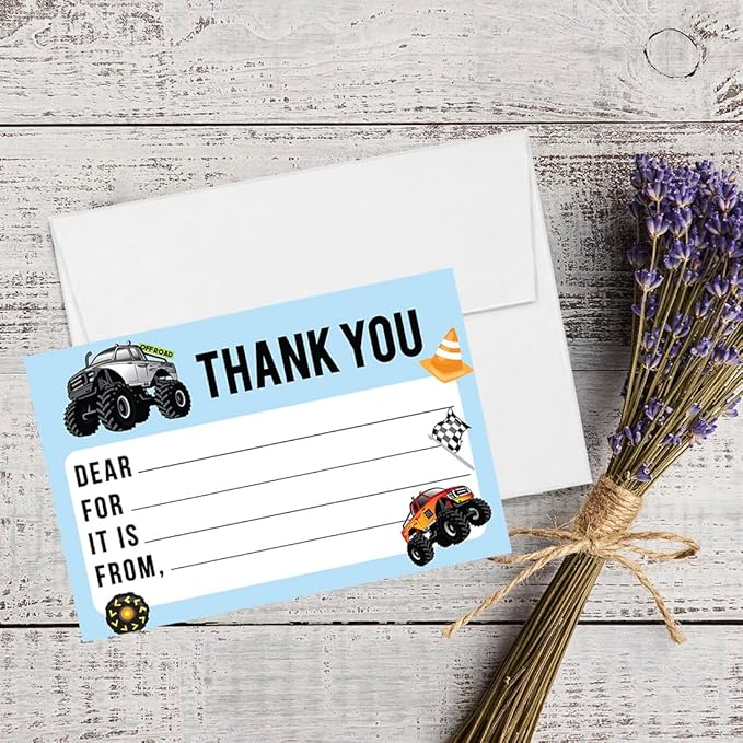 Andaz Press Kids Fill in the Blank Thank You Cards 20 Cards Including Envelopes Monster Trucks Gender Neutral Note Cards For Boys Girls Birthday Party Thank You Notes for Friends Family Party Guests