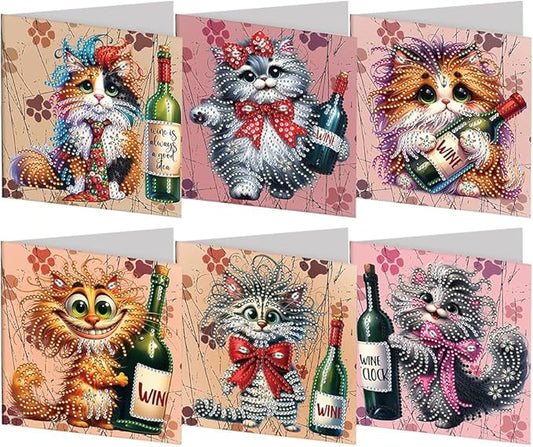 C'eitura 6Pcs DIY Diamond Art Greeting Cards, Fun Cat with Wine Bottle Design Blank All Occasion Cards with Envelopes, Unique Birthday Thank You Note for Cat Lovers, Wine Enthusiasts & Party Friends