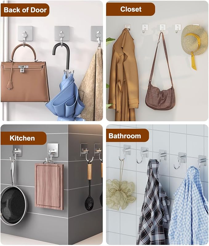 Self Adhesive Towel Hooks for Bathrooms, Sturdy Wall Hooks for Walls No Damage, Waterproof Rustproof Stainless Steel Sticky Hooks for Hanging Shower, Bathroom, Kitchen, Robe, Coat, Silver