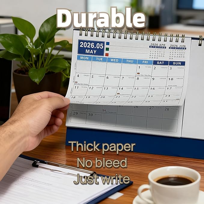 Desk Calendar Jan 2026 - Dec 2028, 10.43" x 7.3" Standing Flip 3-Year Desktop Calendar Monday Start with Memo Pad Golden Wire-Binding, Holiday Markings & 2 Sticker Sheets