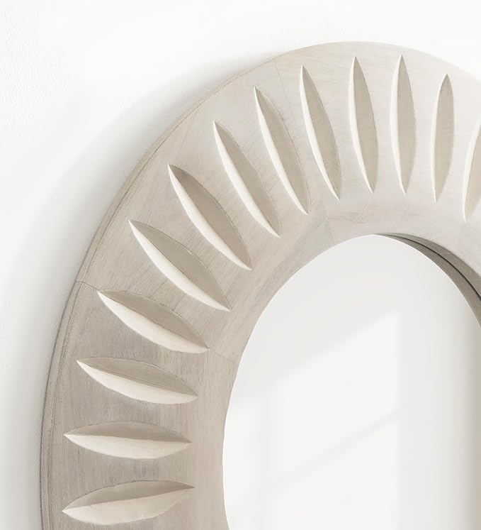 Kate and Laurel Usra Round Carved Wood Mirror, 26 Inch Diameter, Whitewash, Light Wooden Circle Mirror with Carved Indentation and Sunburst Wall Mirror Look
