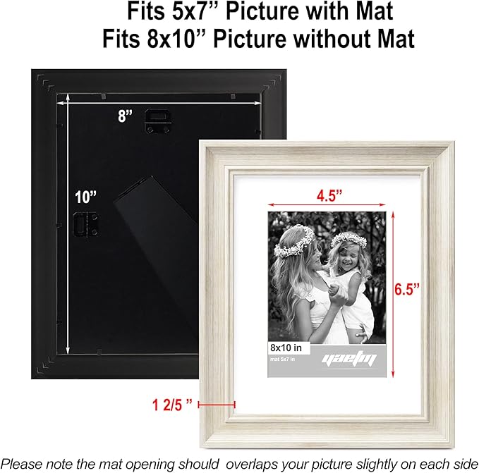 Yaetm 8x10 Picture Frame Matted to 5x7 Set of 4, 1.4” Wide Molding & Rustic White Photo Frames 8 x 10 with Tempered Glass, Display on Tabletop & Wall Mounting (4 Pack, White)
