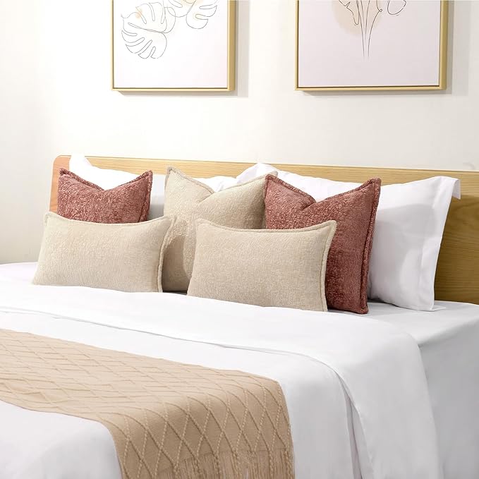 Pack of 2 Beige Decorative Throw Pillow Covers 22x22 Cozy Soft Chenille Accent Vintage Square Couch Pillow Covers for Home Decor Bed Sofa Living Room