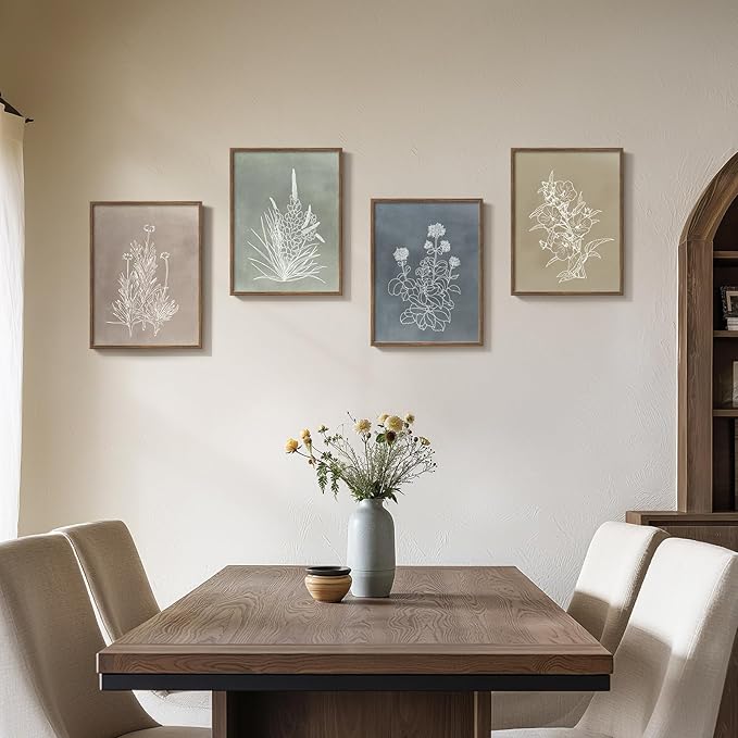 Framed Boho Botanical Wall Art for Living Room, 4 Piece Rustic Floral Canvas Painting Prints, Vintage Minimalist Neutral Flower Artwork for Modern Farmhouse Bedroom Dining Room Office Wall Decor