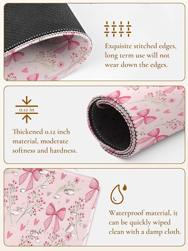 Cute Bouquet of Flowers Mouse Pad, Waterproof Aesthetics Floral Mouse Pads Design, Non-Slip Rubber Base Computer Simple Funny Mousepad,Small Mouse Mat Desk Accessories,Pink Bow