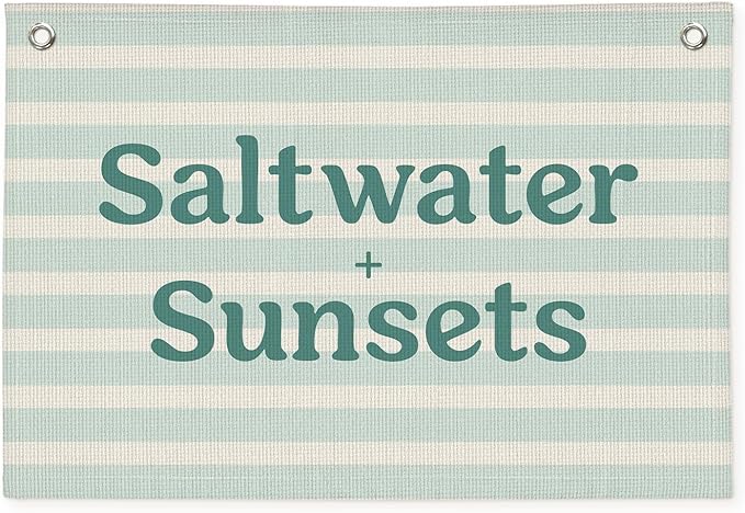 Beach Room Decor, Coastal Surf Banner, Saltwater Sunsets Linen Canvas Banner Wall Hanging Flag Decor for Toddler Boy Room Nursery Playroom