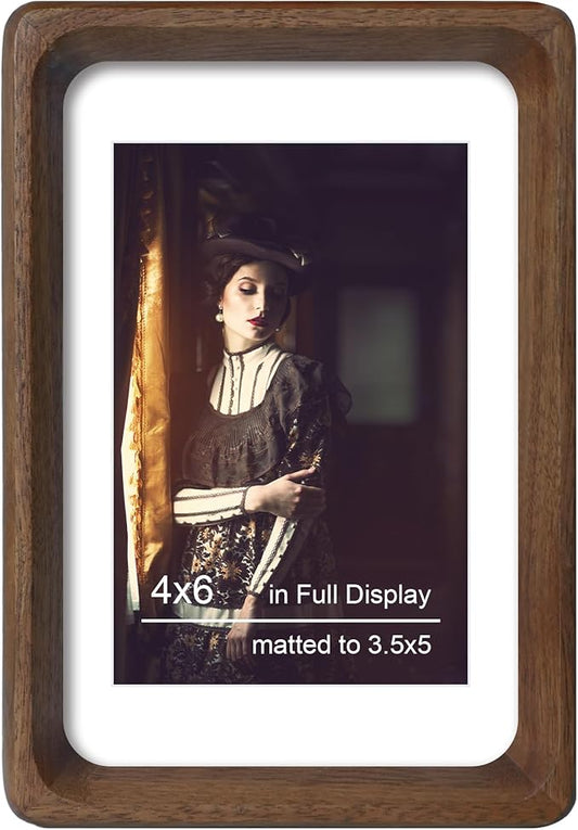 4x6 Picture Frame Natural Walnut Wood with Mat for 3.5x5, Original Natural Solid Wood 4 by 6 Photo Frames with Tempered Glass Cover for Wall and Tabletop Display