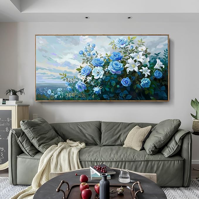 Framed Extra Large Botanical Wall Art – Blue and White Flower Canvas Painting for Living Room Bedroom – Rustic Wood Frame Floral Décor 58x29 Inch