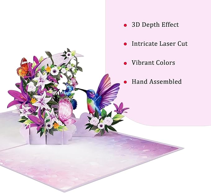 Greeting Card Hummingbird with Lilies and Butterflies 3D Pop-Up Cards Handmade Birthday Flower Gift for Women, Mom, Wife, Men 6x8 Inches Aniversary Wedding Christmas Gifts