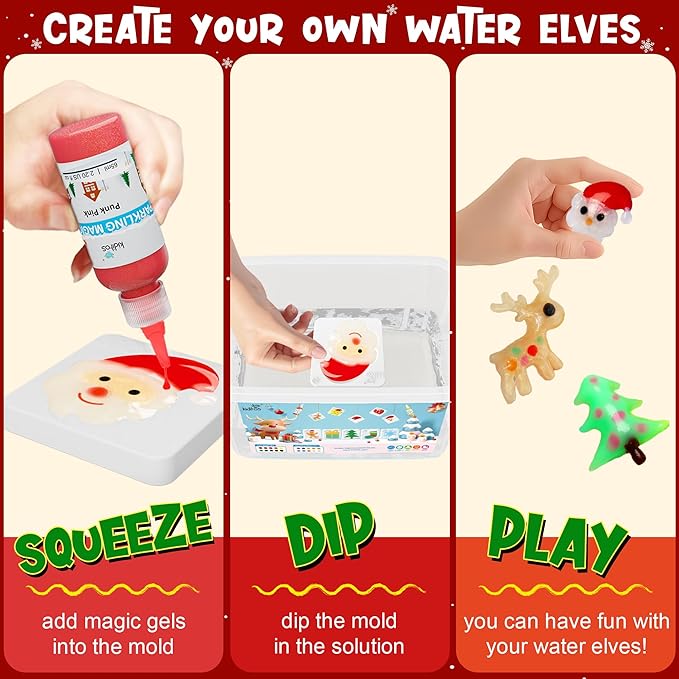 Kiditos Christmas Magic Water Elf Toy Kit, Magic Gel Water Pets with 20 Gels &10 Molds, DIY Squishy Maker Set, Christmas Gifts, Birthday Gifts, Party Favors, Craft Kits for Kids Ages 3+