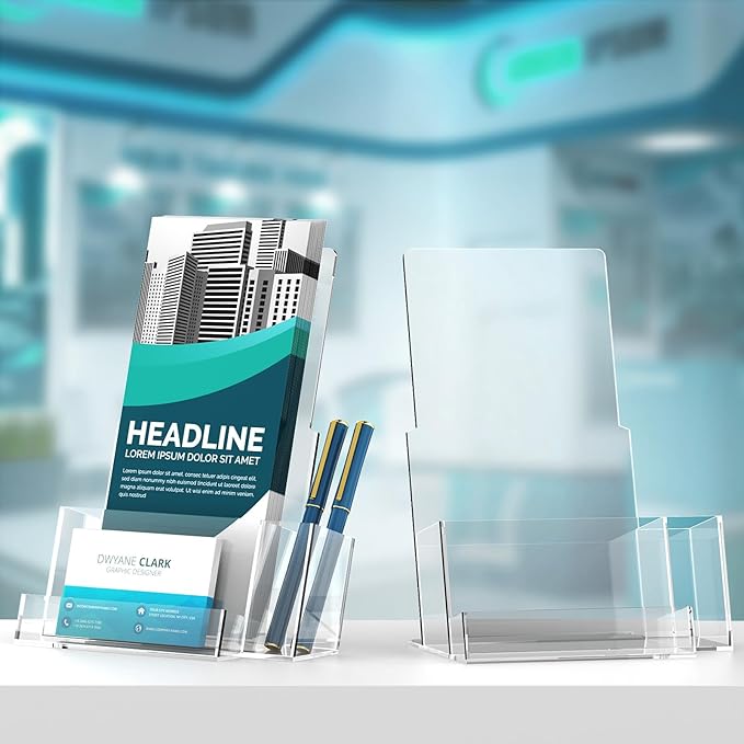 KINGTOP Acrylic Brochure Holder (2 Pack 4x7 Inch), Pamphlet Holder Display Stand with Pen Slot, Clear Brochure Display Stand for Office, Trade Show, and Retail Marketing Materials