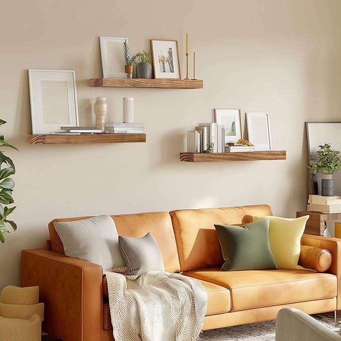 Floating Wall Shelf 16x6.8x1.7 Inch – Solid Wood Shelf in Dark Oak Finish – Wall Mounted Rustic Display Organizer for Bathroom, Kitchen, Bedroom, Small Spaces – Set of 3